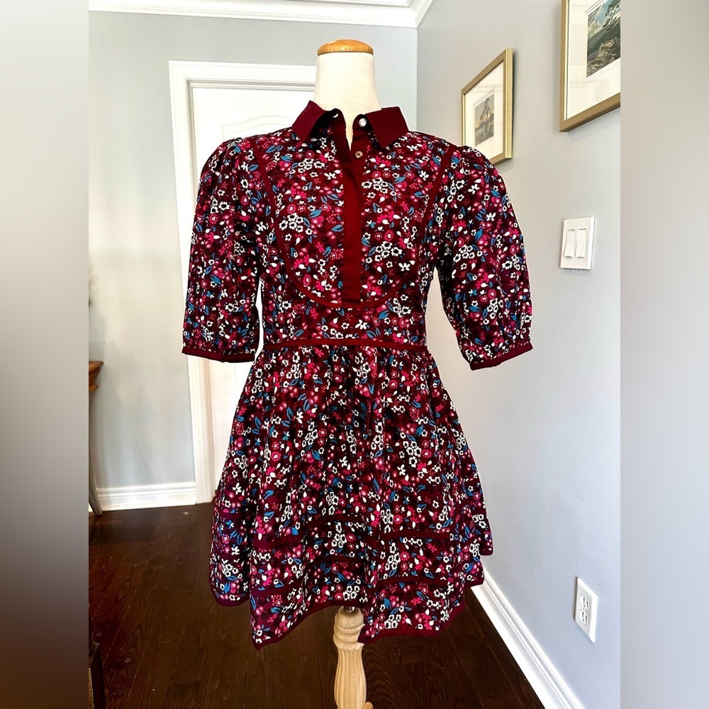 MAEVE Burgundy and Pink Puff Sleeve Polo Collar Mini Sundress - Size 10